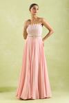 Buy_Samyukta Singhania_Pink Net, Crepe Beads Asymmetric Pleated Flare Gown _at_Aza_Fashions