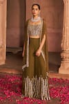 Buy_NIDHIKA SHEKHAR_Brown Organza Embroidery Sequin Square Neck Cape And Sharara Set _at_Aza_Fashions