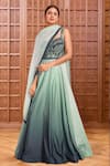 Buy_Samyukta Singhania_Green Anarkali Satin Embellished Beads V-neck Shaded With Dupatta _at_Aza_Fashions