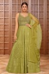 Buy_Samyukta Singhania_Green Georgette Embroidery Sequin Leaf Neck Mughal Bloom Gown With Dupatta _at_Aza_Fashions