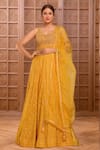 Buy_Samyukta Singhania_Yellow Georgette Embroidery Sequin Leaf Neck Mughal Darbar Gown With Dupatta _at_Aza_Fashions