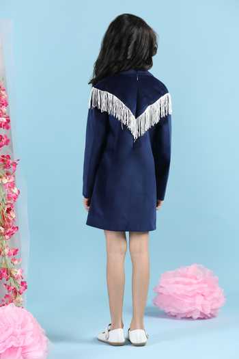 Shop_The Little Celebs_Blue Velvet Tassels Deep Thread Embroidered Dress _at_Aza_Fashions