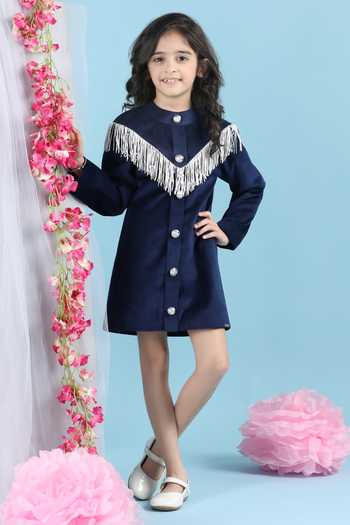 Buy_The Little Celebs_Blue Velvet Tassels Deep Thread Embroidered Dress _at_Aza_Fashions