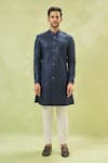 Arihant Rai Sinha_Off White Silk, Wool Sequins Blue Woven Jacquard Sherwani Set _at_Aza_Fashions