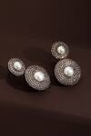 Shop_Swabhimann_White Pearls, Crystals Rhodium Plated Round Drop Earrings _at_Aza_Fashions