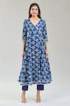 Buy_Samyukta Singhania_Blue Cotton Print Bloom Handblock V Neck Anarkali Set _Online_at_Aza_Fashions