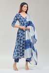 Samyukta Singhania_Blue Cotton Print Bloom Handblock V Neck Anarkali Set _at_Aza_Fashions