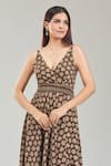 Naintara Bajaj_Brown Cotton Embroidery V-neck Bloom Handblock Print Midi Dress _Online_at_Aza_Fashions