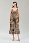 Buy_Naintara Bajaj_Brown Cotton Embroidery V-neck Bloom Handblock Print Midi Dress _Online_at_Aza_Fashions