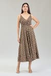 Shop_Naintara Bajaj_Brown Cotton Embroidery V-neck Bloom Handblock Print Midi Dress _Online_at_Aza_Fashions