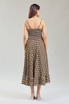 Shop_Naintara Bajaj_Brown Cotton Embroidery V-neck Bloom Handblock Print Midi Dress _at_Aza_Fashions