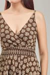 Naintara Bajaj_Brown Cotton Embroidery V-neck Bloom Handblock Print Midi Dress _at_Aza_Fashions