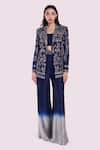 Buy_Onaya_Navy Silk Cut Work, Mirrors, Sequins, Cutdana Embroidered Blazer And Pant Set _at_Aza_Fashions