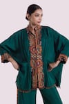 Shop_Onaya_Green Silk Sequins Mandarin Collar Embroidered Batwing Sleeve Set _Online_at_Aza_Fashions