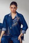 Shagun Nagi The Label_Blue Denim, Cotton Feathers Collared Embroidered Shirt And Pant Set _Online_at_Aza_Fashions