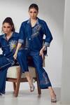 Buy_Shagun Nagi The Label_Blue Denim, Cotton Feathers Collared Embroidered Shirt And Pant Set _at_Aza_Fashions