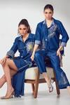 Shop_Shagun Nagi The Label_Blue Denim, Cotton Feathers Collared Embroidered Shirt And Pant Set _Online_at_Aza_Fashions