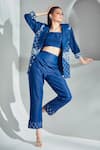 Shop_Shagun Nagi The Label_Blue Denim Embroidery Sweetheart Neck Abstract Print Blazer And Pant Set _at_Aza_Fashions