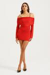 Buy_Keoo_Red Lycra Crystals Square Neck Stone Embellished Mini Bodycon Dress _at_Aza_Fashions