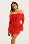 Keoo_Red Lycra Crystals Square Neck Stone Embellished Mini Bodycon Dress _at_Aza_Fashions