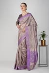Buy_Zal From Benaras_Mauve Silk, Crepe Embroidery V-neck Botanical Motif Crushed Tissue Saree_at_Aza_Fashions