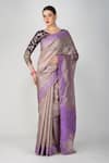 Shop_Zal From Benaras_Mauve Silk, Crepe Embroidery V-neck Botanical Motif Crushed Tissue Saree_Online_at_Aza_Fashions