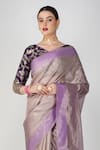 Zal From Benaras_Mauve Silk, Crepe Embroidery V-neck Botanical Motif Crushed Tissue Saree_at_Aza_Fashions