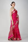 Zal From Benaras_Pink Silk, Kota Doria Zari, Botanical Motif Saree And Unstitched Blouse_Online_at_Aza_Fashions