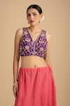 Zal From Benaras_Purple Silk, Organza Embroidery, Cut Work, Zari, Pearls, Floral Red Saree Set _at_Aza_Fashions