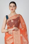 Zal From Benaras_Peach Kota Doria Embroidery Hand Woven Leaf Motif Saree _Online_at_Aza_Fashions