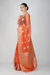 Buy_Zal From Benaras_Peach Kota Doria Embroidery Hand Woven Leaf Motif Saree _Online_at_Aza_Fashions