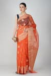 Buy_Zal From Benaras_Peach Kota Doria Embroidery Hand Woven Leaf Motif Saree _at_Aza_Fashions