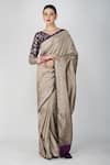 Shop_Zal From Benaras_Purple Silk, Kota Doria Embroidery Round Neck Hand Woven Floral Geometric Saree _Online_at_Aza_Fashions