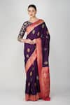 Zal From Benaras_Purple Silk, Kota Doria Embroidery, Leaf Hand Woven Saree With Blouse Piece _at_Aza_Fashions