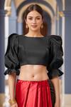 Buy_Samyukta Singhania_Black Silk Round Neck Puff Sleeve Padded Blouse_at_Aza_Fashions