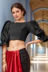 Buy_Samyukta Singhania_Black Silk Round Neck Puff Sleeve Padded Blouse_Online_at_Aza_Fashions