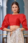 Buy_Samyukta Singhania_Red , Satin Round Neck Puff Sleeve Blouse_at_Aza_Fashions