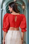 Shop_Samyukta Singhania_Red , Satin Round Neck Puff Sleeve Blouse_at_Aza_Fashions