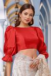 Buy_Samyukta Singhania_Red , Satin Round Neck Puff Sleeve Blouse_Online_at_Aza_Fashions