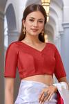 Shop Samyukta Singhania Red Silk V-neck Half Sleeve Blouse Online at Aza Fashions Shop_Samyukta Singhania_Red Silk V-neck Half Sleeve Blouse_Online_at_Aza_Fashions
