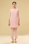 Naintara Bajaj_Peach Chanderi Mirrors, Sequins Round Neck Embroidered Kurta Set _at_Aza_Fashions