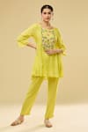 Buy_Samyukta Singhania_Yellow Cotton Embroidery Round Neck Floral Gathered Top And Pant Set _at_Aza_Fashions