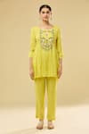 Samyukta Singhania_Yellow Cotton Embroidery Round Neck Floral Gathered Top And Pant Set _Online_at_Aza_Fashions