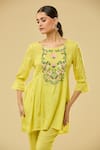 Shop_Samyukta Singhania_Yellow Cotton Embroidery Round Neck Floral Gathered Top And Pant Set _Online_at_Aza_Fashions