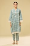 Samyukta Singhania Blue Cotton Tassels V-neck Floral Printed Kurta Set With Pant Online at Aza Fashions Samyukta Singhania_Blue Cotton Tassels V-neck Floral Printed Kurta Set With Pant _Online_at_Aza_Fashions