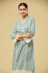 Shop Samyukta Singhania Blue Cotton Tassels V-neck Floral Printed Kurta Set With Pant Online at Aza Fashions Shop_Samyukta Singhania_Blue Cotton Tassels V-neck Floral Printed Kurta Set With Pant _Online_at_Aza_Fashions