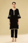 Naintara Bajaj_Black Velvet Sequins, Lace Split V-neck Embroidered Kurta Set _at_Aza_Fashions