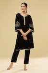 Buy_Naintara Bajaj_Black Velvet Sequins, Lace Split V-neck Embroidered Kurta Set _at_Aza_Fashions