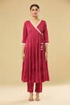 Shop_Naintara Bajaj_Pink Cotton Embroidery V-neck Tiered Angarkha Set With Floral Dupatta _Online_at_Aza_Fashions