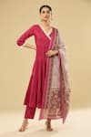 Buy_Naintara Bajaj_Pink Cotton Embroidery V-neck Tiered Angarkha Set With Floral Dupatta _at_Aza_Fashions